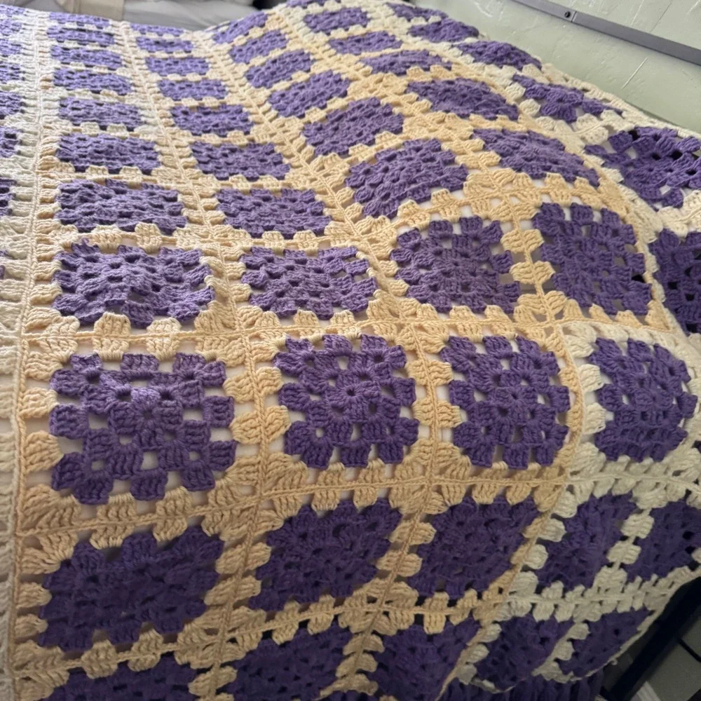 Vintage Handmade Crochet Granny Square Blanket Purple Cream Tassel Fringe King